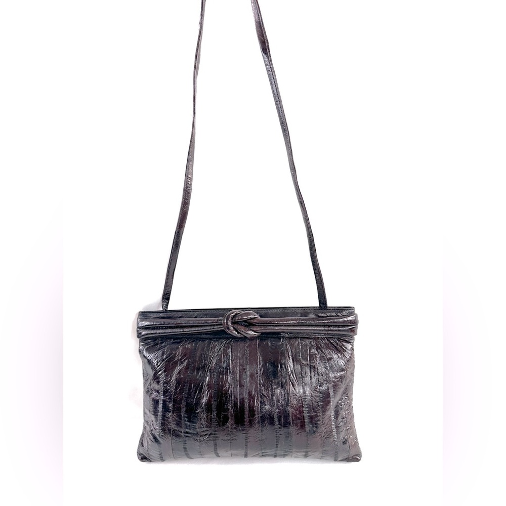 Vintage Wine Brown Eel Skin Leather Small Shoulder Purse Bag Clutch Hinge Frame